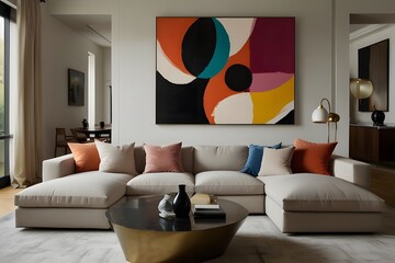 A modern living room with sleek lines and pops of vibrant colors, featuring a statement piece of abstract art.