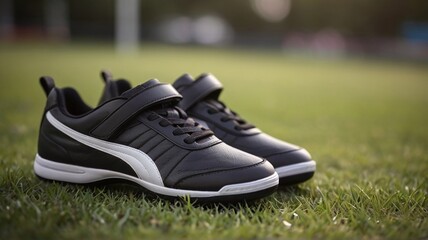 sleek sports shoes on grass, set against a softly blurred playground. perfect for themes of fitness, outdoor activities, and sporty aesthetics.