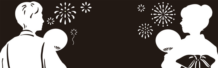 バナー　夏　浴衣　花火大会　男性　女性　シルエット　手描き　和風　フレーム　背景　イラスト素材