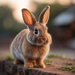 Obraz premium charming image of a cute rabbit set against an evening backdrop, with a beautifully blurred background. perfect for nature, dusk, and wildlife-themed content.