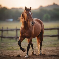 captivating image of a horse against an evening backdrop, with a beautifully blurred background. ideal for equestrian, nature, and dusk-themed content.