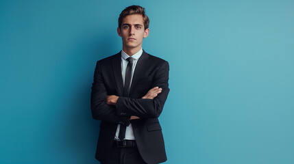 Young businessman in black suit standing against blue wall.