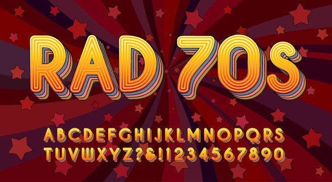 Rad 70s is a vintage style display alphabet with multiple stripes and layered effects, on a starburst background.