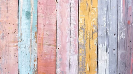 Detailed view of a vibrant wooden fence with various colors and textures. Wallpaper. Background.