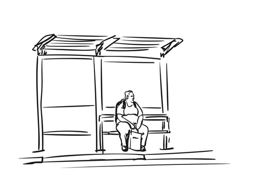 Bus stop, Overweight man sitting on a bench, holding a shopping bag and waiting for a bus, Hand Drawn illustration, Vector sketch