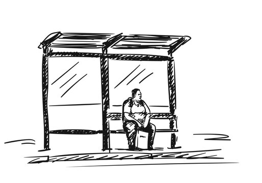 Bus stop drawing, Overweight man sitting on a bench, holding a shopping bag and waiting for a bus, Hand Drawn illustration, Vector sketch