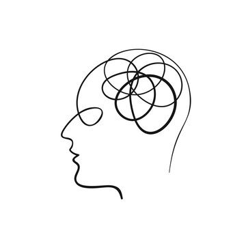Human head in profile with brain in tangled line continuous one line drawing, Line art vector illustration, Confused feelings