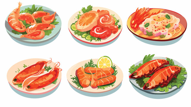 Creative festive seafood dishes flat pictures set f
