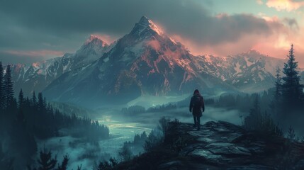 Journey of Self-Discovery: poignant illustration of a person embarking on a solo expedition through rugged mountains and tranquil forests, symbolizing their inner quest for growth and enlightenment