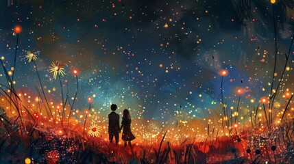 Magical Moments: Illustrate a whimsical scene of a couple stargazing in a meadow filled with glowing fireflies - obrazy, fototapety, plakaty