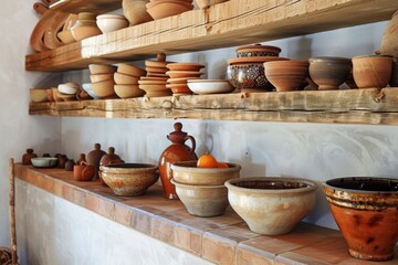 Open shelving to showcase pottery and cookware. - obrazy, fototapety, plakaty