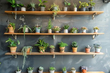 Modern wall decoration with beautiful plants in decorative pots on wooden shelves
