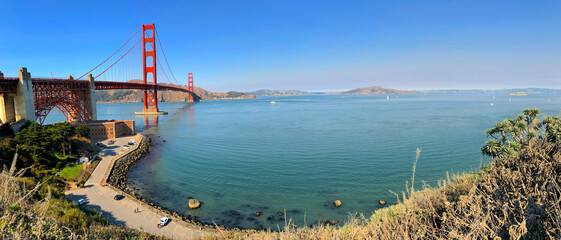 Panoramic View of The Golden Gate Bridge with Clear and Blue Sky, San Francisco , CA, USA. 