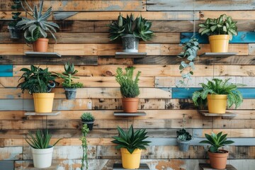 Stylish wall decor with lush plants in pots on wooden shelves for a beautiful home greenery display