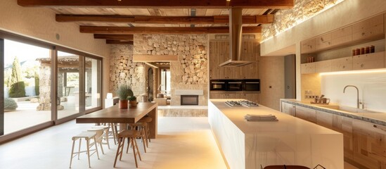 Obraz premium Use of natural materials like wood and stone. contemporary Spanish kitchen 