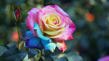 A pink rose with rainbow colors on it
