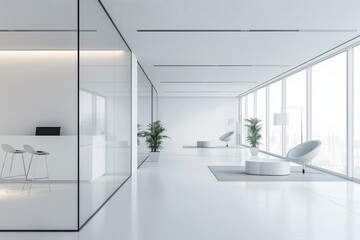 Modern office interior design with stylish glass partition and elegant white flooring
