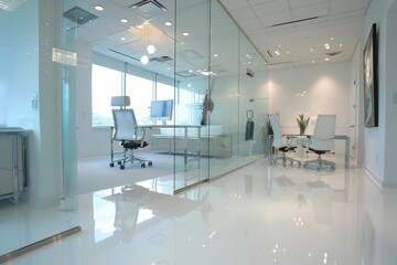 Chic modern office with glass partition and stylish white flooring for a trendy workspace