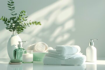 Fototapeta na wymiar Spa bathroom scene with toiletries, soap, and towel on soft white background for serene ambiance