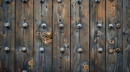 Detailed view of a wooden door featuring metal knobs. Wallpaper. Background.