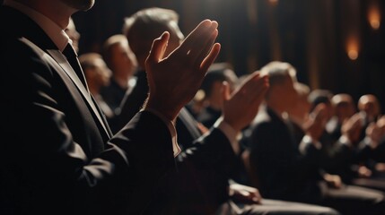 A formal event with an audience clapping, focus on clapping hands, represents approval and appreciation in a ceremonial atmosphere