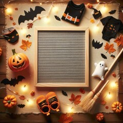 Halloween pregnancy announcement flat lay with pumpkin light decorations baby clothes and empty message board