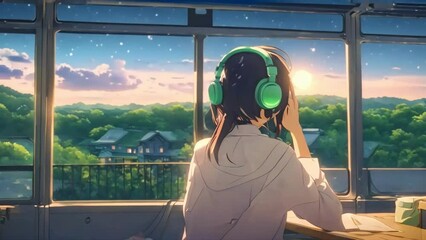 anime girl wearing headphones, train passing by village, cosmic background, lofi animation, relaxing lofi, calming nature, anime girl lofi animation, asmr, cute anime girl lofi, study lofi, night lofi