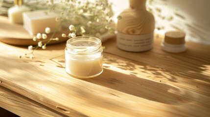 Natural Skincare Products, A jar of cream accompanied by natural skincare products bathed in soft sunlight.