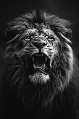 King of the Jungle, Majestic black and white lion roaring in the wild.