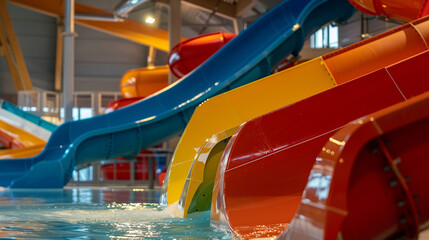 Waterpark Adventure, Colorful water slides in an indoor waterpark, inviting fun and adventure.