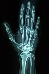 X-Ray Hand, A detailed X-ray image of a human hand, highlighting the intricate bone structure.