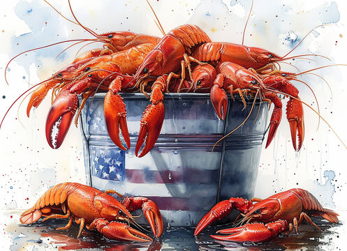 Seafood Delight, Watercolor illustration of lobsters in a bucket, an artistic seafood concept.