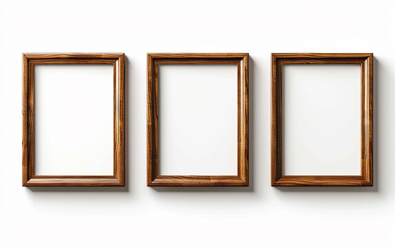 Trio of Empty Frames, Three empty wooden picture frames on a white background, offering endless creative possibilities.