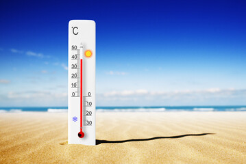 Hot summer day. Celsius scale thermometer in the sand. Ambient temperature plus 40 degrees - obrazy, fototapety, plakaty