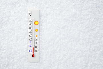 White celsius scale thermometer in snow. Ambient temperature minus 19 degrees celsius