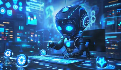 A cute robot is sitting at the computer and coding, surrounded by glowing blue symbols of technology in an animated style. The background features digital elements like gears, charts, and graphs with 