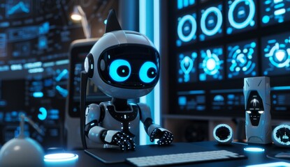 A cute robot is sitting at the computer and coding, surrounded by glowing blue symbols of technology in an animated style. The background features digital elements like gears, charts, and graphs with 
