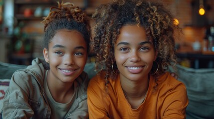 An intimate image showing two sisters with beaming smiles, celebrating their bond and similarities in appearance - obrazy, fototapety, plakaty