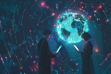 A businessman and woman in suits stand against the background of digital technology, global networks, and big data visualizations. The world map is visible on the top left side of the composition. A l