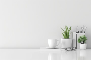 Fototapeta na wymiar Minimalist white desk with potted plant, coffee cup, and neatly arranged supplies