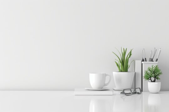 Minimalist white desk with potted plant, coffee cup, and neatly arranged supplies