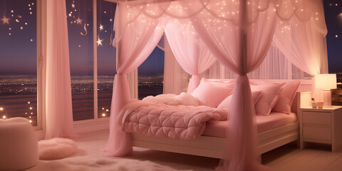 A peaceful baby pink bedroom with a canopy bed, sheer curtains, and a view of the moonlit sky. - obrazy, fototapety, plakaty