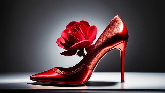 Realistic studio photo of Red high heel shoes with red flower petals on white background.