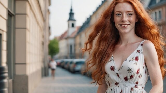 Realistic photo of a smiling young woman with developing red hair, in a light summer open dress, on the street, close-up, soft light 