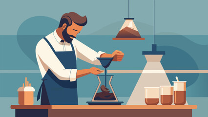 In a modern coffee shop a barista carefully measures out coffee grounds into a large glass beaker. Slowly he pours in cold water creating a
