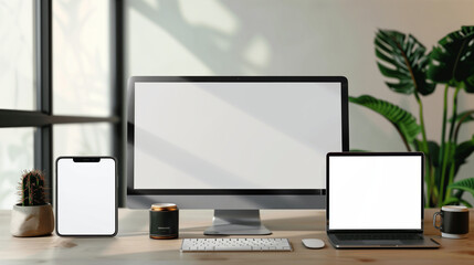 Device screen mockup. Smartphone, tablet, laptop and monoblock monitor, with blank screen for you design. Vector EPS10
