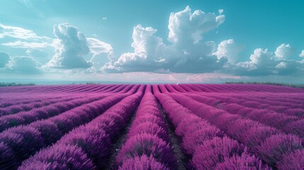 A wide-angle shot captures the sprawling beauty of a lavender field with vibrant purple hues under a dramatic cloudy sky
