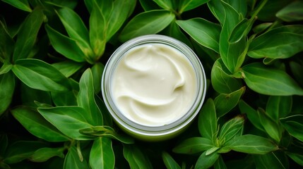 A jar of face cream placed on a bed of vibrant green leaves, showcasing a natural skincare product in a fresh environment - obrazy, fototapety, plakaty