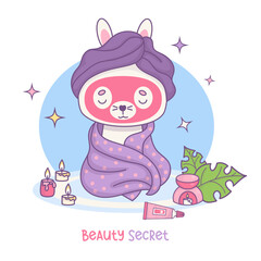 Cute bunny wrapped in towel with mask on his face. Spa treatments, relaxation, hygiene and self-care. Funny cartoon kawaii character animal. Vector illustration.