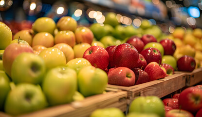 Apples on supermarket apple shelves display retail store organic local farmers food fruits healthy...